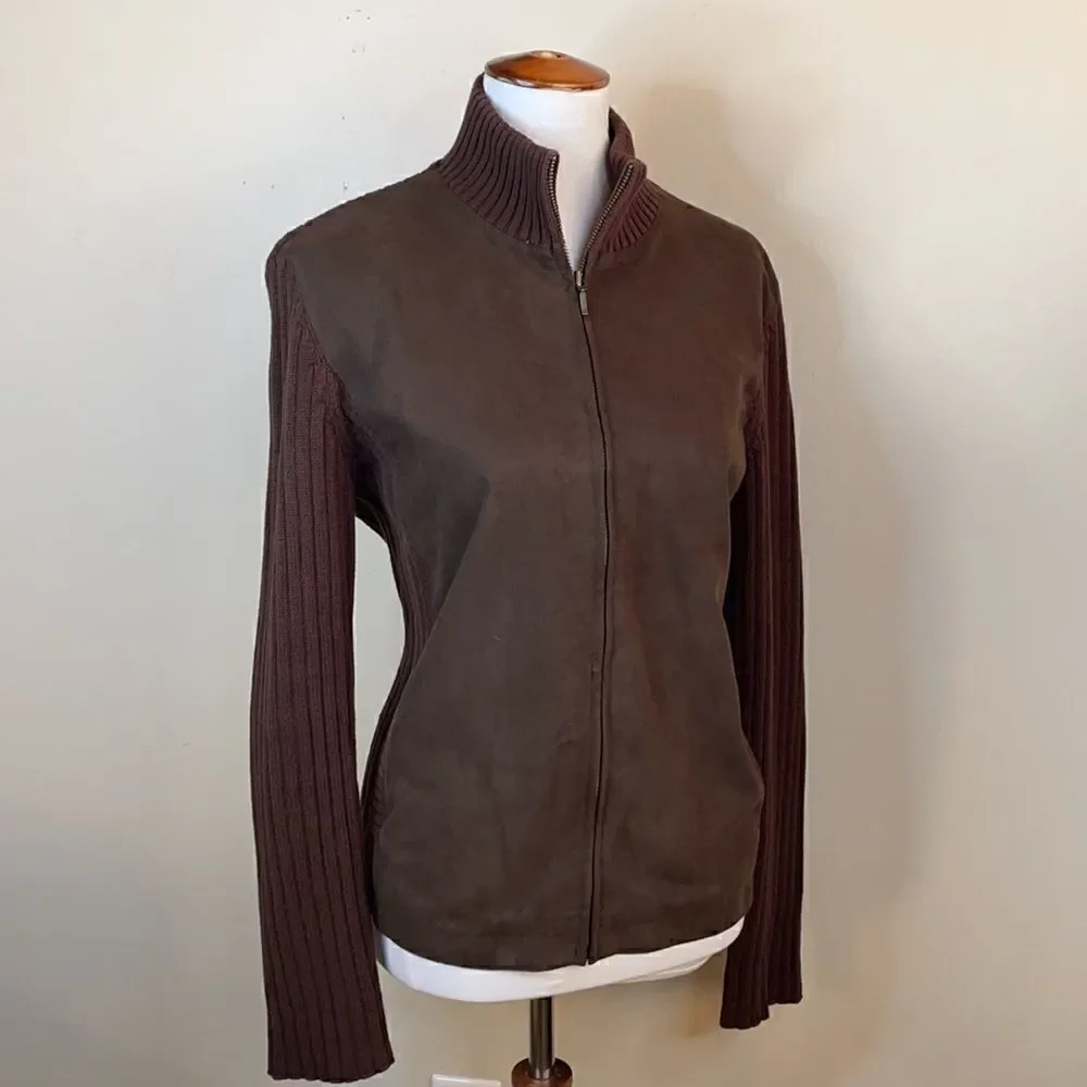 Jones New York Sport Brown Suede Mixed Media Full Zip Jacket (Size: Large)
